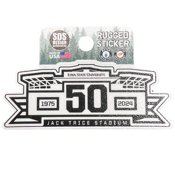 Jack Trice Stadium 50 Seasons Anniversary Black & White Rugged Sticker (1.25x3.5") (was $5.99)
